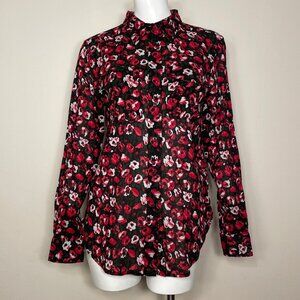 Lauren Ralph Lauren Blouse Shirt Women's Med Black Red Floral 100% Cotton Sheer